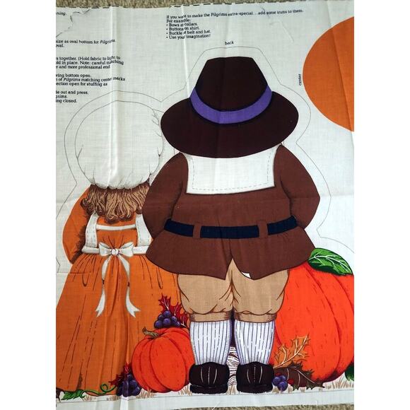 VTG Little Pilgrims Thanksgiving Table Centerpiece Pillow Craft Sewing Fabric - Picture 3 of 11